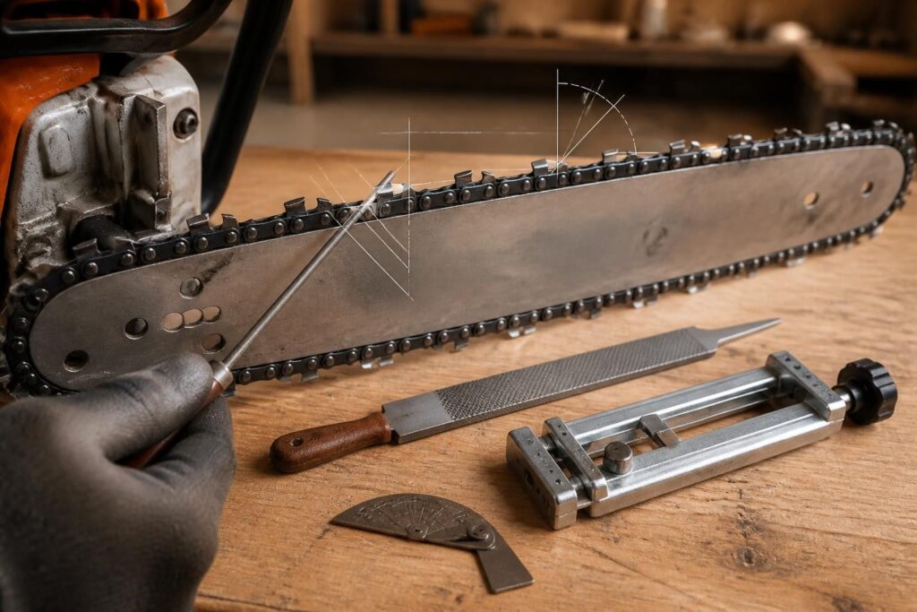 apprenez à affûter une chaîne de tronçonneuse efficacement grâce à notre guide complet : découvrez les angles corrects, les outils nécessaires et la procédure étape par étape pour un affûtage optimal.