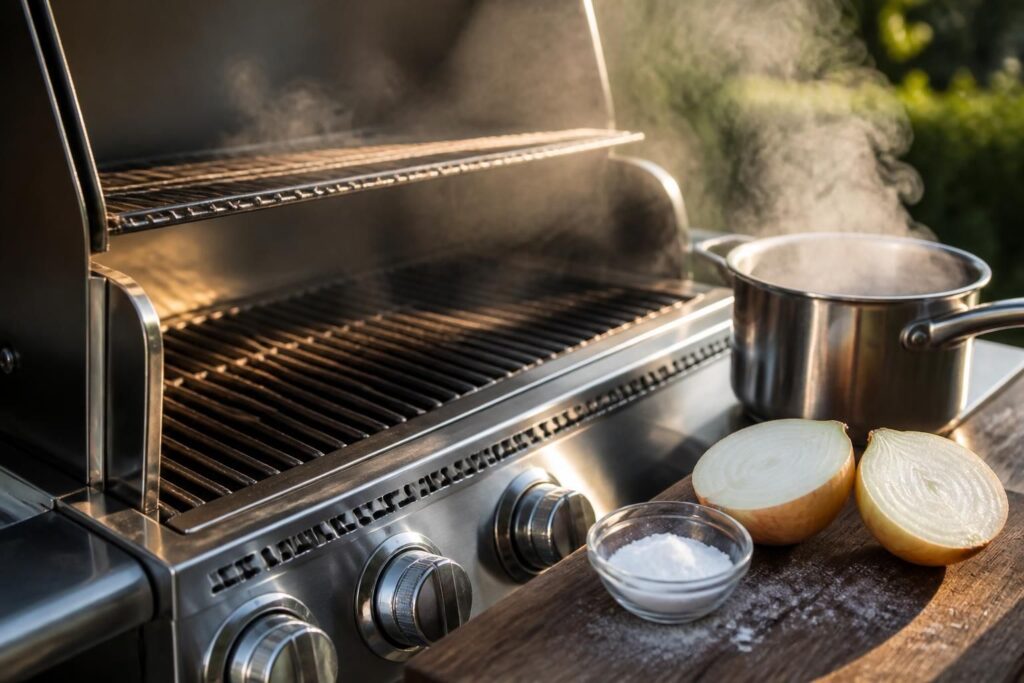 découvrez des astuces efficaces avec de la vapeur, du bicarbonate et de l'oignon pour un barbecue impeccable, facile à nettoyer et prêt à chauffer rapidement.