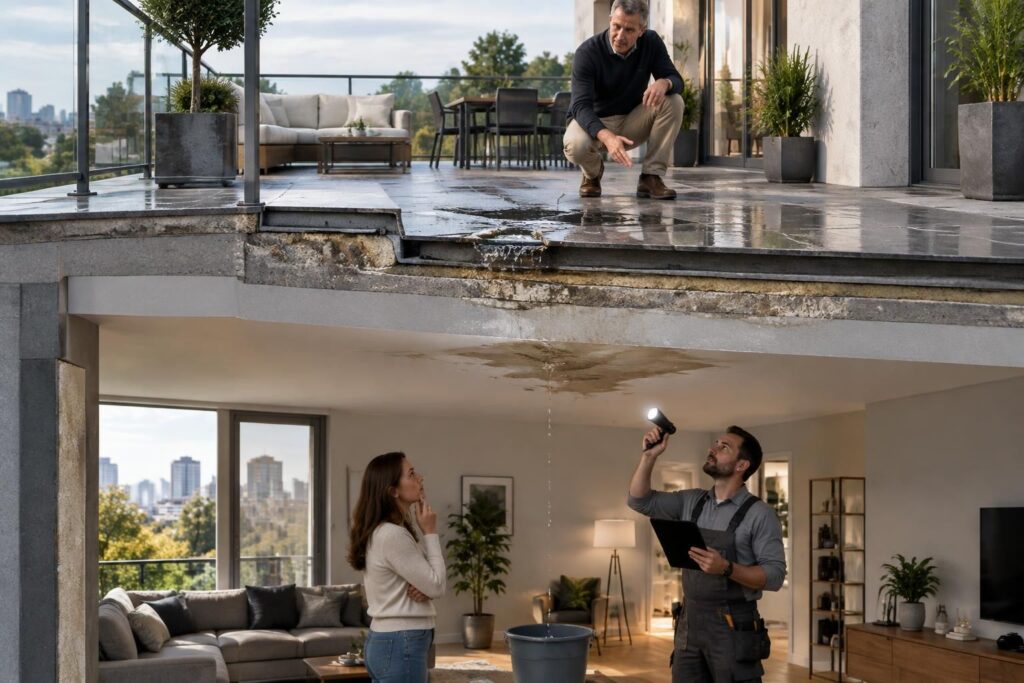 infiltration provenant de la terrasse du voisin : découvrez qui est responsable des réparations et quelles démarches entreprendre pour obtenir leur prise en charge.